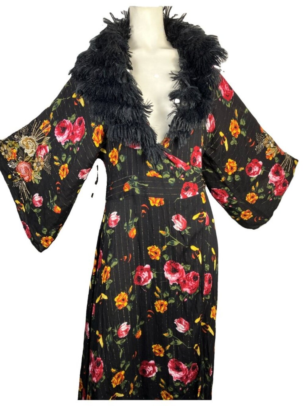 S Aratta Silent Journey Faux Collar Floral Kimono  Coat Dress